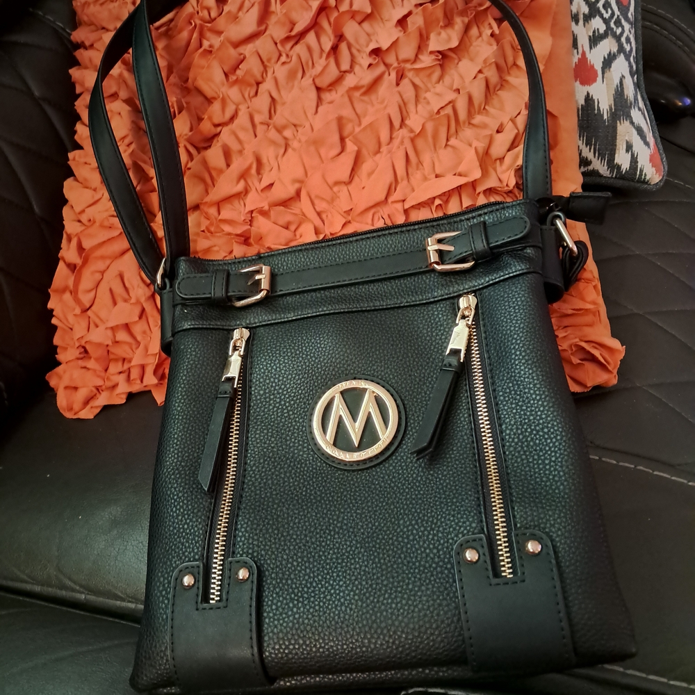 MIA Black Leather Crossbody Bag with Gold Accents
